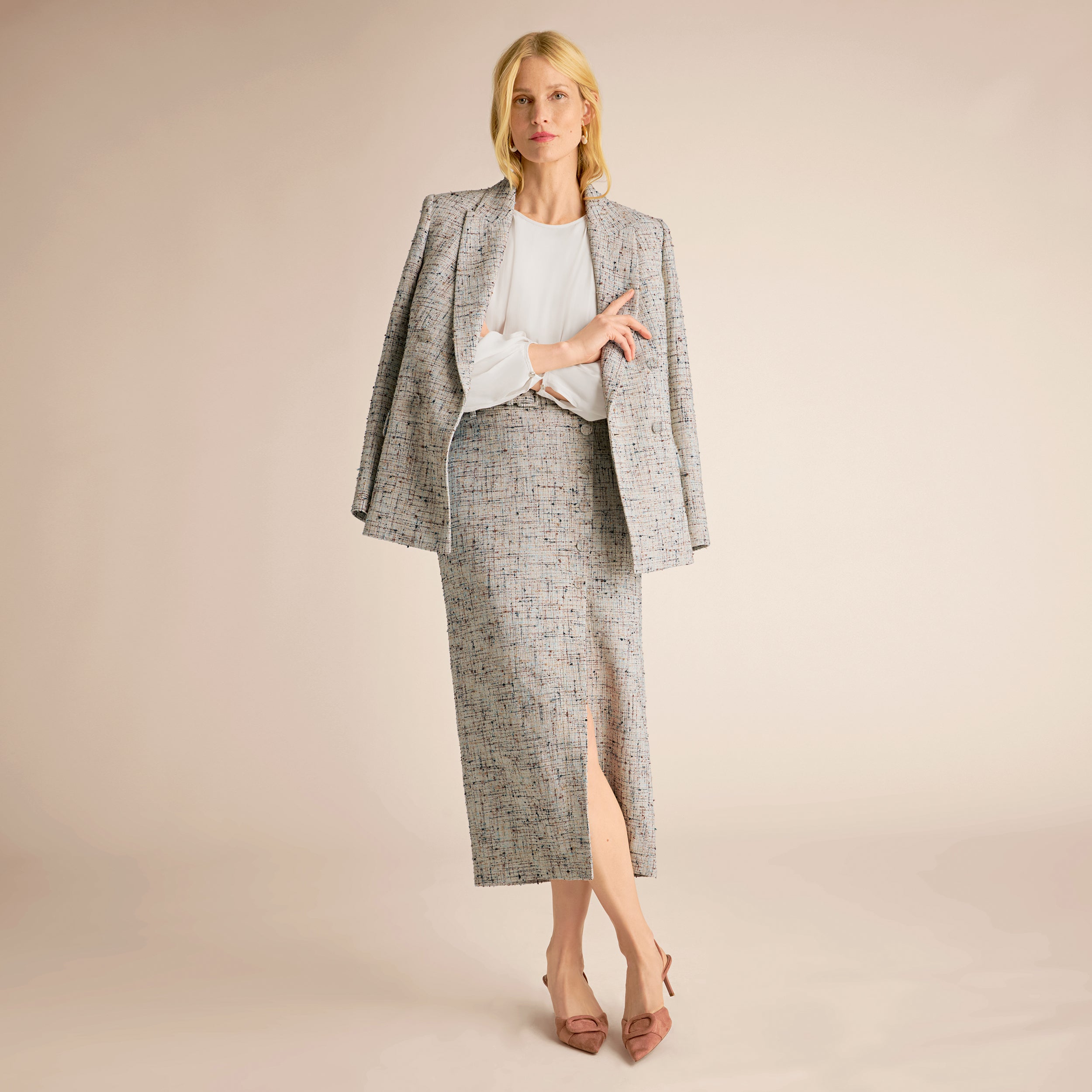 Mela Midi Skirt - Confetti Slub :: Ivory/Blue Multi